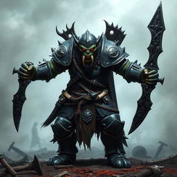 A menacing orc knight in full, dark armor stands poised for battle in a dramatic pose