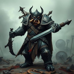 A menacing orc knight in full, dark armor stands poised for battle in a dramatic pose