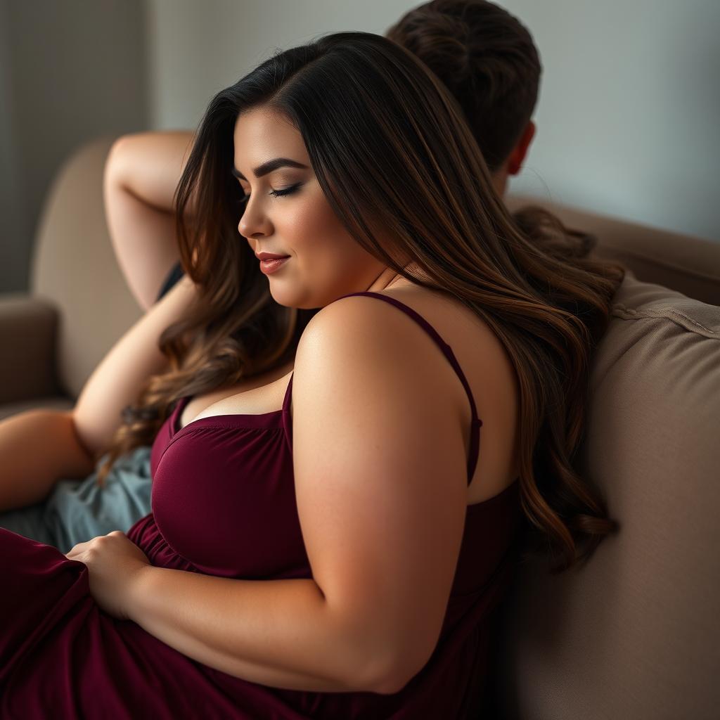 A beautiful plus-size woman resembling Ashley Graham, with flowing brown hair and very large breasts, wearing a maroon sleeveless sleep dress