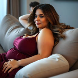 A beautiful plus-size woman resembling Ashley Graham, with flowing brown hair and very large breasts, wearing a maroon sleeveless sleep dress