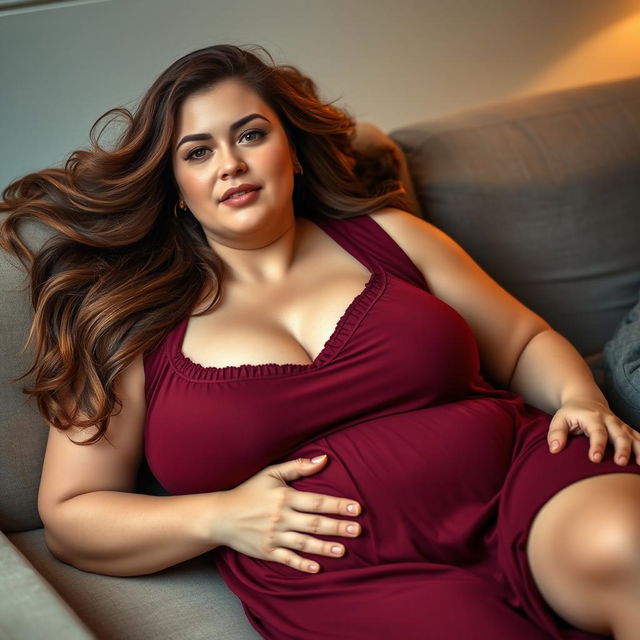 A beautiful plus-size woman resembling Ashley Graham, with flowing brown hair and very large breasts, wearing a maroon sleeveless sleep dress