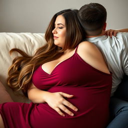 A beautiful plus-size woman resembling Ashley Graham, with flowing brown hair and very large breasts, wearing a maroon sleeveless sleep dress