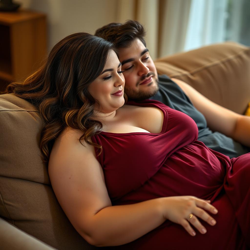 A beautiful plus-size woman resembling Ashley Graham, with lush brown hair and large breasts, dressed in a maroon sleeveless sleep dress