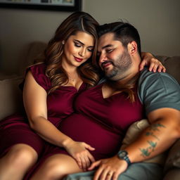 A beautiful plus-size woman resembling Ashley Graham, with lush brown hair and large breasts, dressed in a maroon sleeveless sleep dress