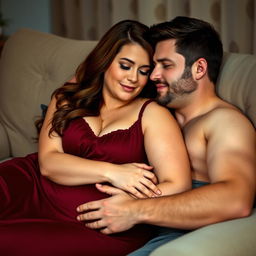 A beautiful plus-size woman resembling Ashley Graham, with lush brown hair and large breasts, dressed in a maroon sleeveless sleep dress