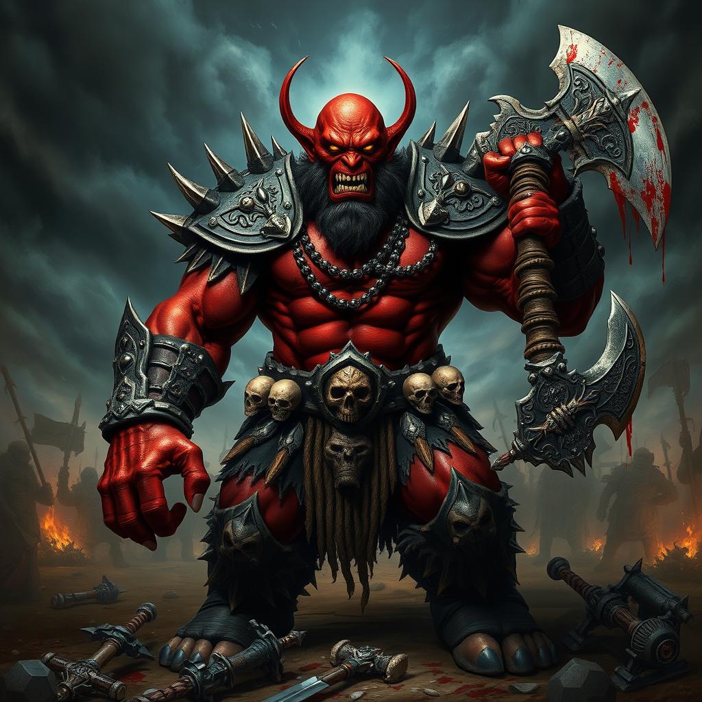 An imposing orc leader with sinister red skin stands proudly at the forefront of a war council, radiating power and malice