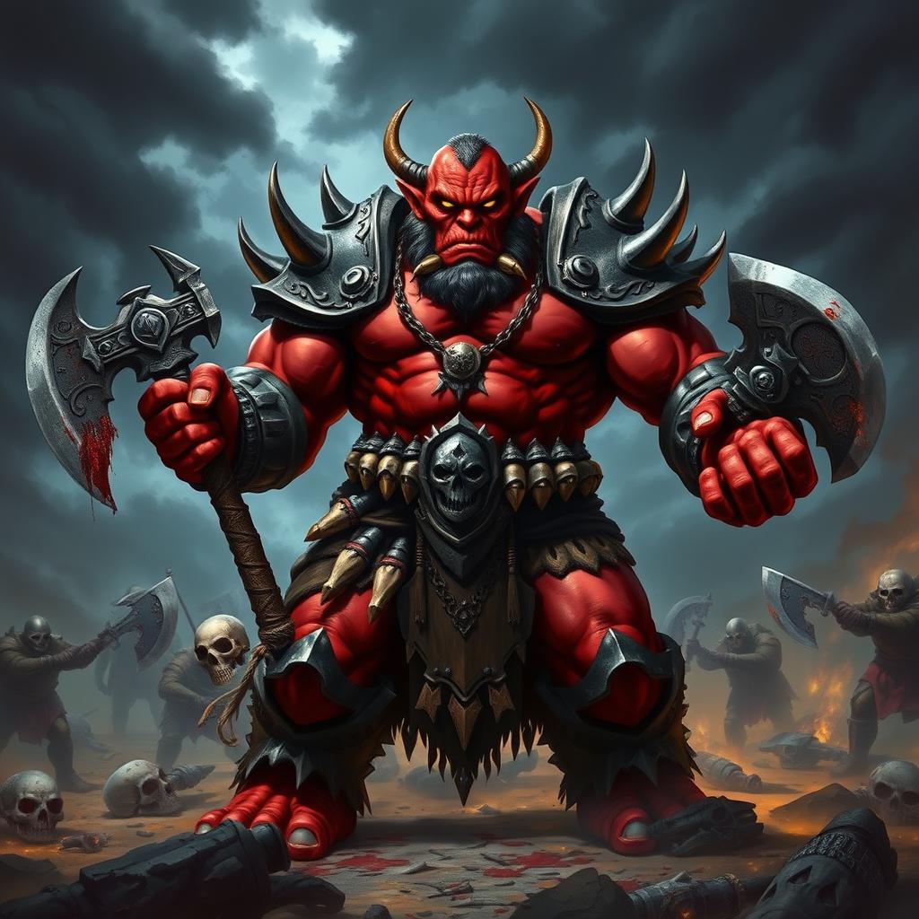 An imposing orc leader with sinister red skin stands proudly at the forefront of a war council, radiating power and malice