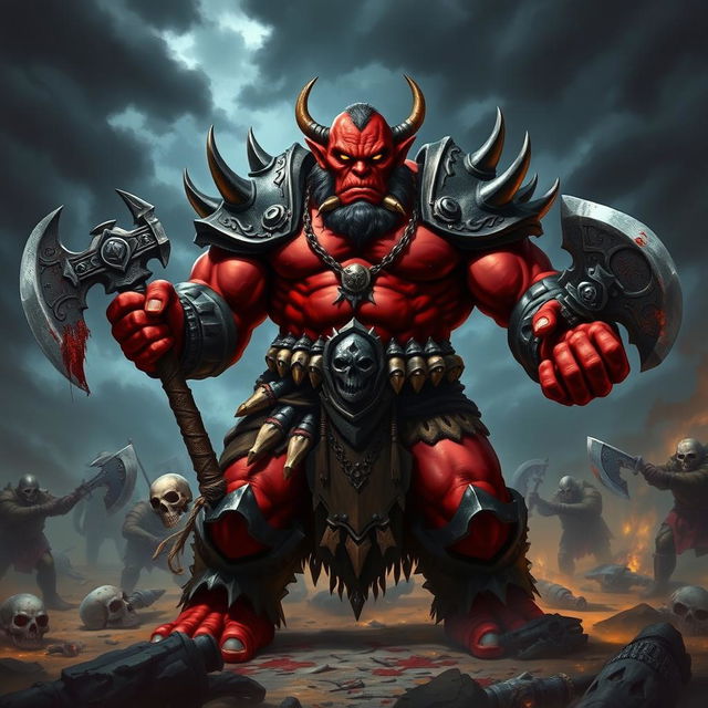 An imposing orc leader with sinister red skin stands proudly at the forefront of a war council, radiating power and malice