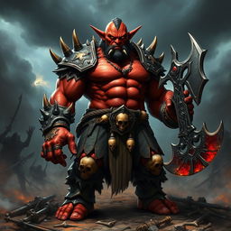 An imposing orc leader with sinister red skin stands proudly at the forefront of a war council, radiating power and malice