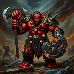 An imposing orc leader with sinister red skin stands proudly at the forefront of a war council, radiating power and malice