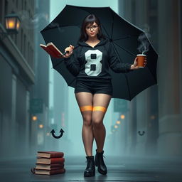 A young, plus-size female superhero inspired by 'The Umbrella Academy', titled 'Mistifist Heroes'