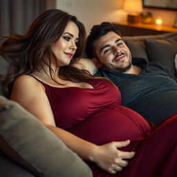 A beautiful plus-size woman resembling Ashley Graham, with flowing brown hair and very large breasts, wearing a maroon sleeveless sleep dress