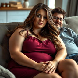 A beautiful plus-size woman resembling Ashley Graham, with flowing brown hair and very large breasts, wearing a maroon sleeveless sleep dress