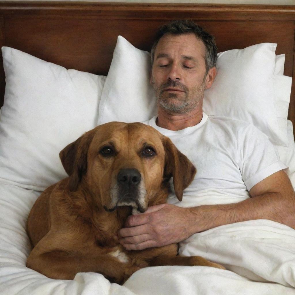 A heart-tugging picture depicting a 40-year-old man on his deathbed, with a tranquil expression on his face, his faithful brown dog with mournful eyes sitting beside him in quiet companionship.