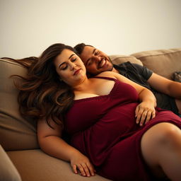 A beautiful plus-size woman resembling Ashley Graham, with flowing brown hair and notably large breasts, dressed in a maroon sleeveless sleep dress