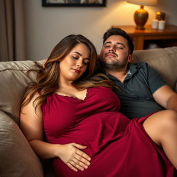 A beautiful plus-size woman resembling Ashley Graham, with flowing brown hair and notably large breasts, dressed in a maroon sleeveless sleep dress