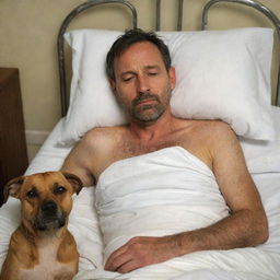 A heart-tugging picture depicting a 40-year-old man on his deathbed, with a tranquil expression on his face, his faithful brown dog with mournful eyes sitting beside him in quiet companionship.