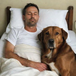 A heart-tugging picture depicting a 40-year-old man on his deathbed, with a tranquil expression on his face, his faithful brown dog with mournful eyes sitting beside him in quiet companionship.