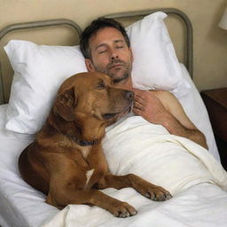 A heart-tugging picture depicting a 40-year-old man on his deathbed, with a tranquil expression on his face, his faithful brown dog with mournful eyes sitting beside him in quiet companionship.