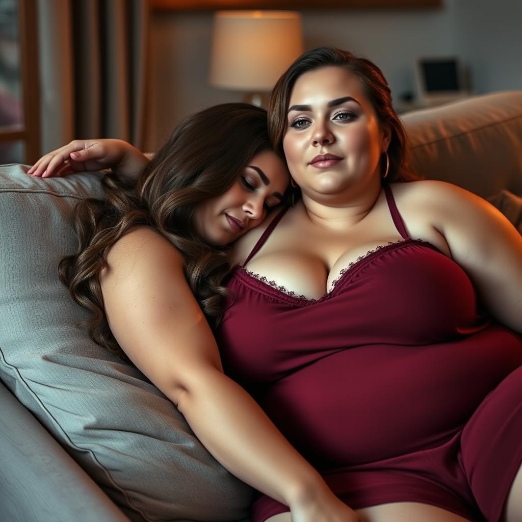 A beautiful plus-size woman resembling Ashley Graham, with luscious brown hair and very large breasts, wearing a maroon sleeveless sleep dress