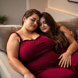 A beautiful plus-size woman resembling Ashley Graham, with luscious brown hair and very large breasts, wearing a maroon sleeveless sleep dress