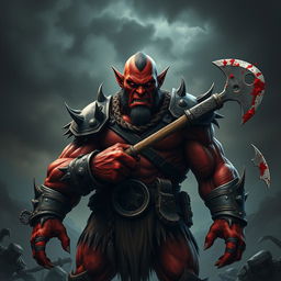 A menacing red orc stands fearlessly, showcasing his sinister presence despite having one hand missing