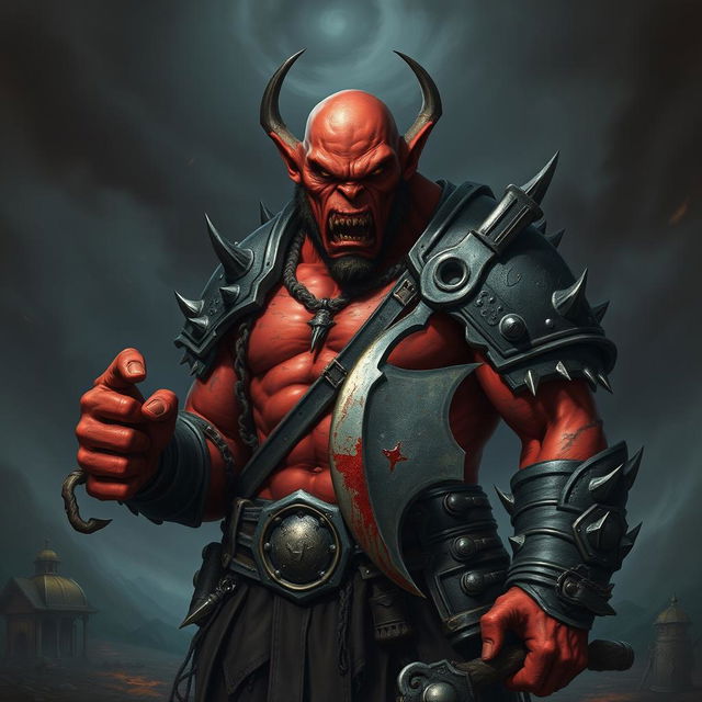 A menacing red orc stands fearlessly, showcasing his sinister presence despite having one hand missing