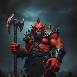 A menacing red orc stands fearlessly, showcasing his sinister presence despite having one hand missing