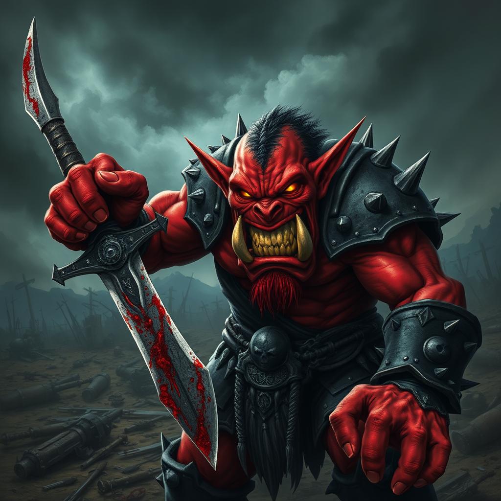 A menacing red orc with sinister red skin looms ominously