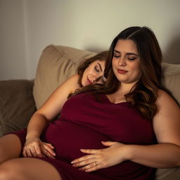 A plus-size woman with brown hair, resembling a youthful version of Ashley Graham, wearing a maroon sleeveless sleep dress