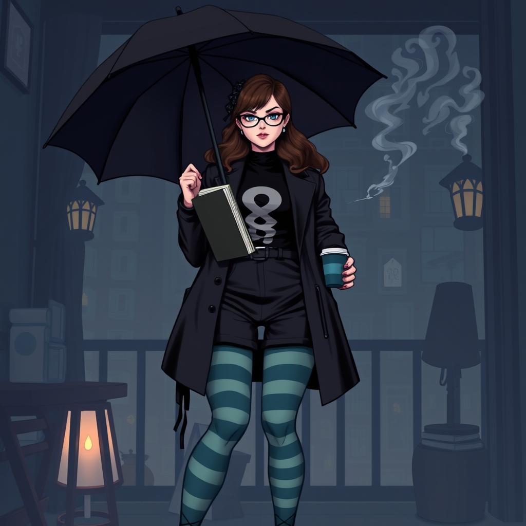 In a scene inspired by 'The Umbrella Academy', we see the main character of 'Mistifist Heroes', a young, plus-size female superhero standing at 1