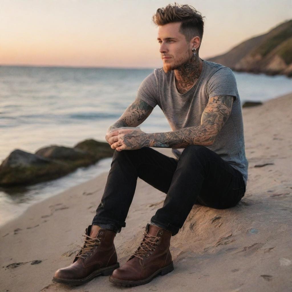 Generate an image of a young man named Jack, with tattoos on his skin, sitting by the sea at sunset, holding a cup of coffee, and wearing sturdy boots.