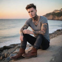 Generate an image of a young man named Jack, with tattoos on his skin, sitting by the sea at sunset, holding a cup of coffee, and wearing sturdy boots.