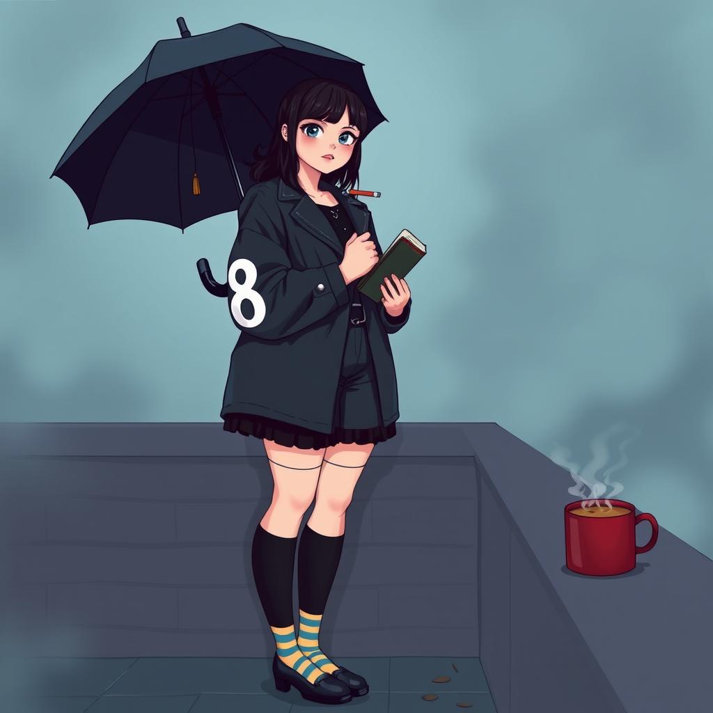 A plus-size teenage girl standing confidently in the style of 'The Umbrella Academy'