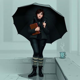 A plus-size teenage girl standing confidently in the style of 'The Umbrella Academy'