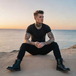 Generate an image of a young man named Jack, with tattoos on his skin, sitting by the sea at sunset, holding a cup of coffee, and wearing sturdy boots.