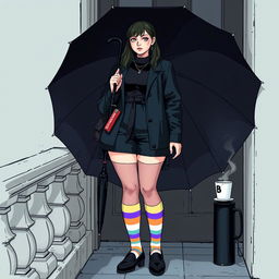 A plus-size teenage girl standing confidently in the style of 'The Umbrella Academy'