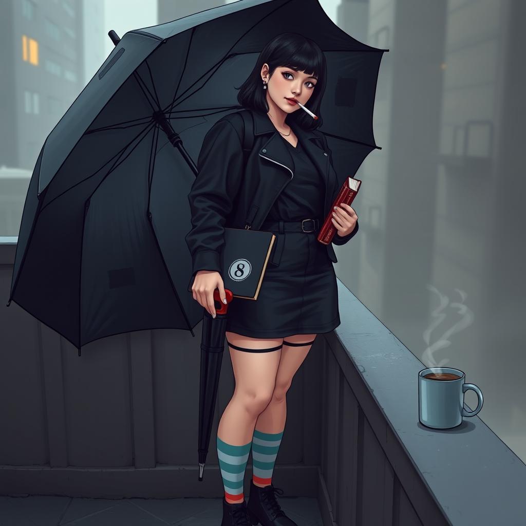 A plus-size teenage girl standing confidently in the style of 'The Umbrella Academy'