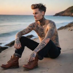 Generate an image of a young man named Jack, with tattoos on his skin, sitting by the sea at sunset, holding a cup of coffee, and wearing sturdy boots.