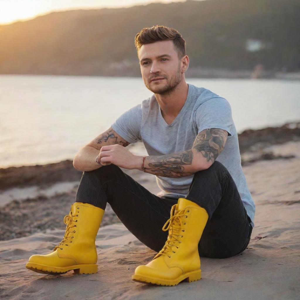 Generate an image of a young man resembling Justin Timberlake, with tattoos on his skin, sitting by the sea watching the sunset, holding a coffee mug and wearing bright yellow boots.