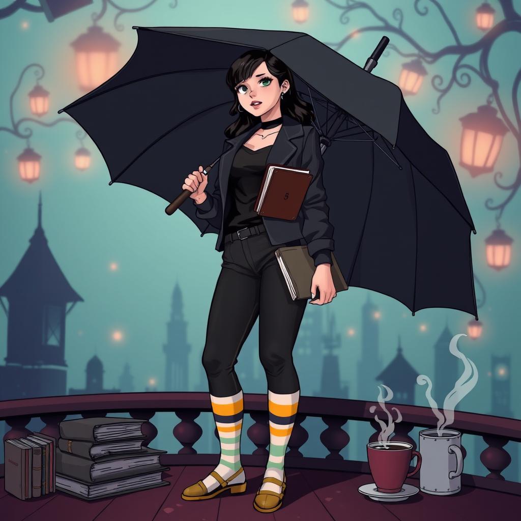 A plus-size teenage girl standing confidently within the imaginative world of 'The Umbrella Academy'