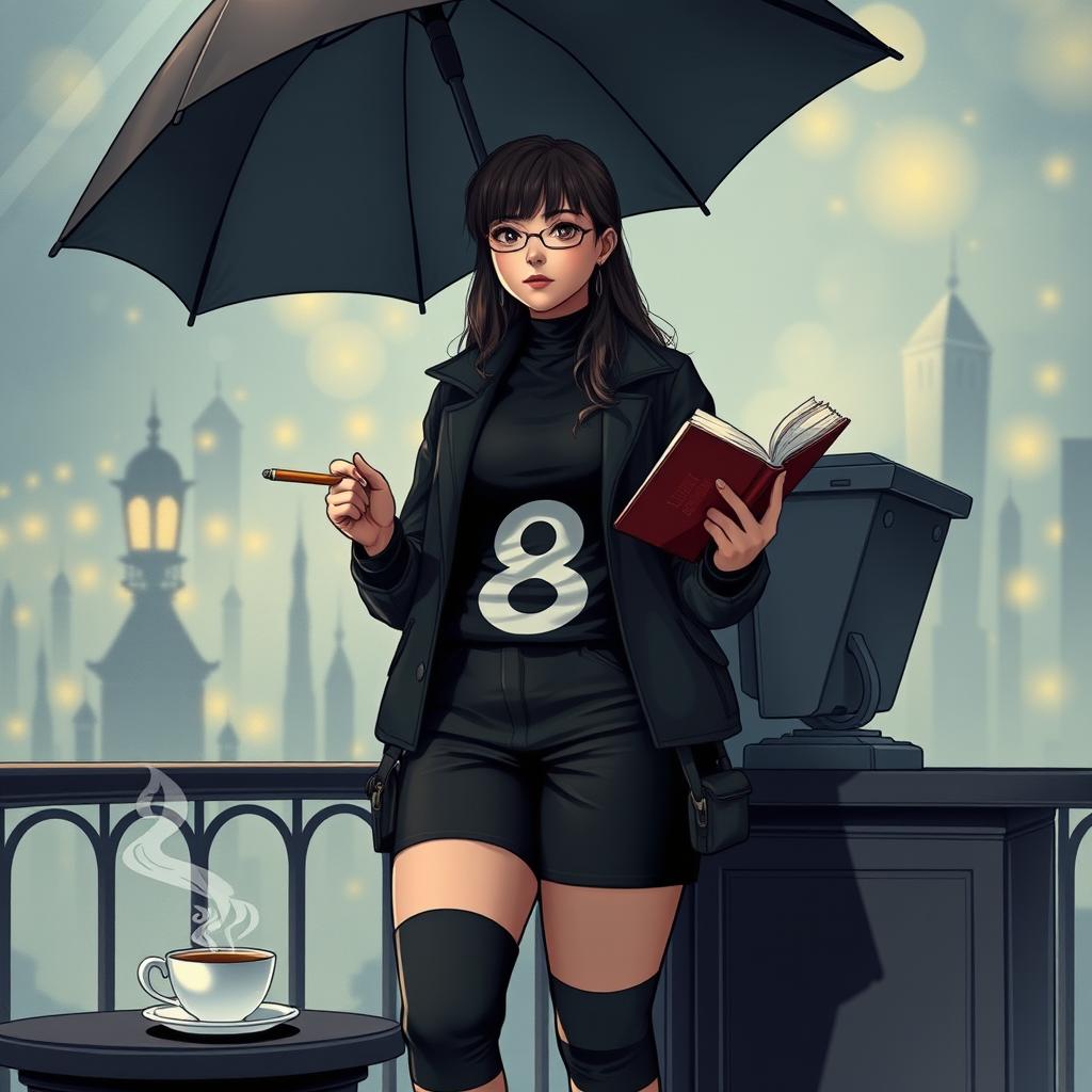 A plus-size teenage girl standing confidently within the imaginative world of 'The Umbrella Academy'