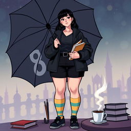 A plus-size teenage girl standing confidently within the imaginative world of 'The Umbrella Academy'