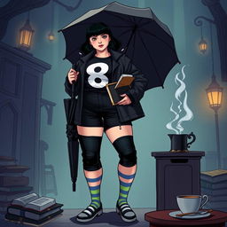 A plus-size teenage girl standing confidently within the imaginative world of 'The Umbrella Academy'