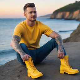 Generate an image of a young man resembling Justin Timberlake, with tattoos on his skin, sitting by the sea watching the sunset, holding a coffee mug and wearing bright yellow boots.