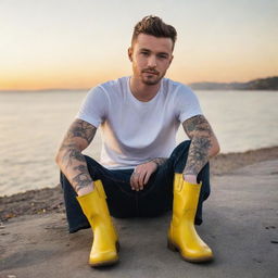 Generate an image of a young man resembling Justin Timberlake, with tattoos on his skin, sitting by the sea watching the sunset, holding a coffee mug and wearing bright yellow boots.