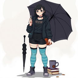 A plus-size teenage girl featured in the style of 'The Umbrella Academy', standing with confidence and embodying a unique character