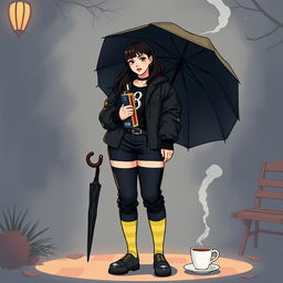 A plus-size teenage girl featured in the style of 'The Umbrella Academy', standing with confidence and embodying a unique character