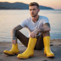 Generate an image of a young man resembling Justin Timberlake, with tattoos on his skin, sitting by the sea watching the sunset, holding a coffee mug and wearing bright yellow boots.