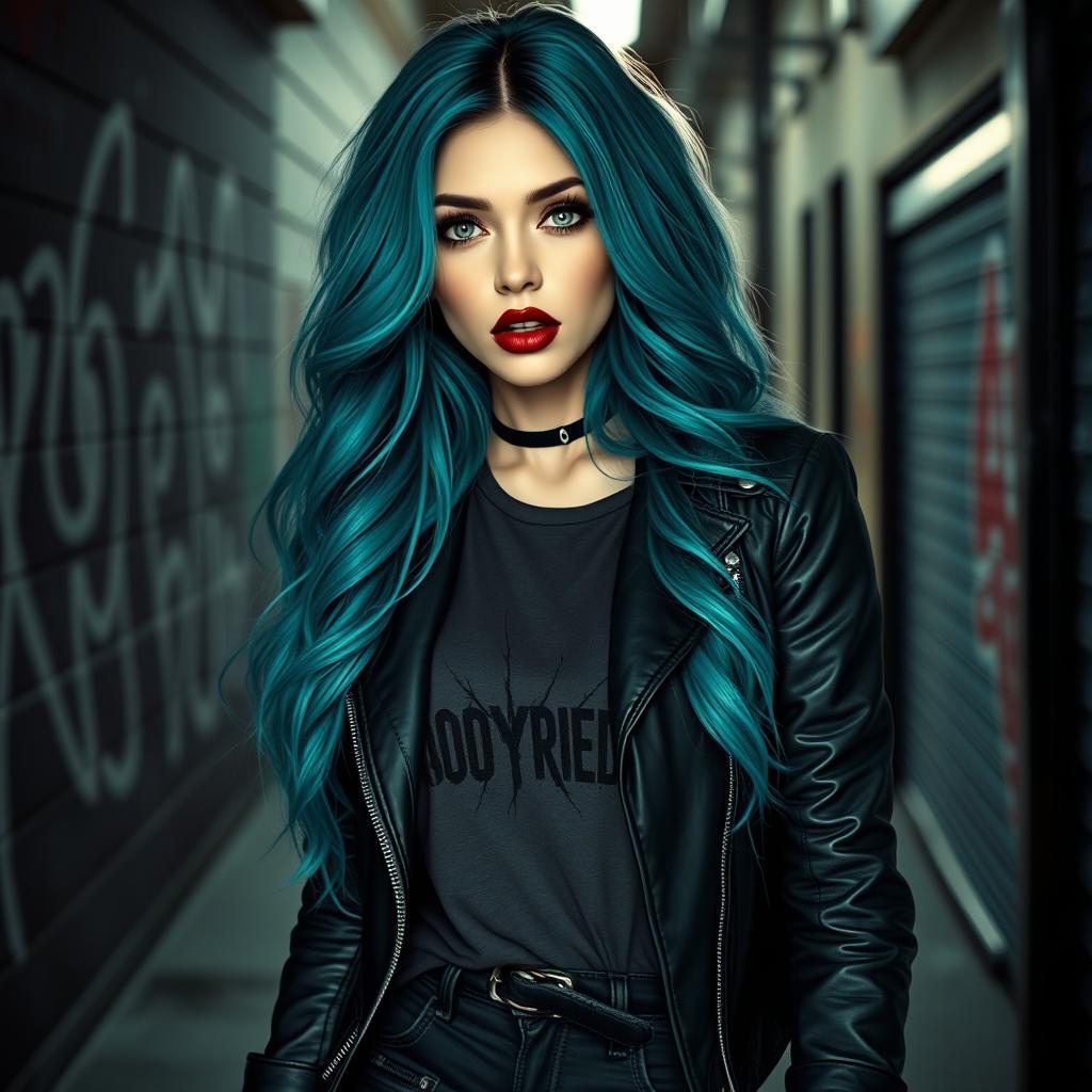 A realistic depiction of a goth woman with basic skin tones and a lifelike face, adorned with striking colored hair